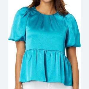 Women’s Turquoise Puff-Sleeve Peplum Top
